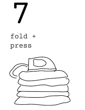 Stage 7 fold + press, with a hand-drawn ironing pile