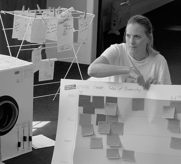 A participant points to a prioritisation chart showing project timeline post it notes. In the background there's a drying rack and a washing machine