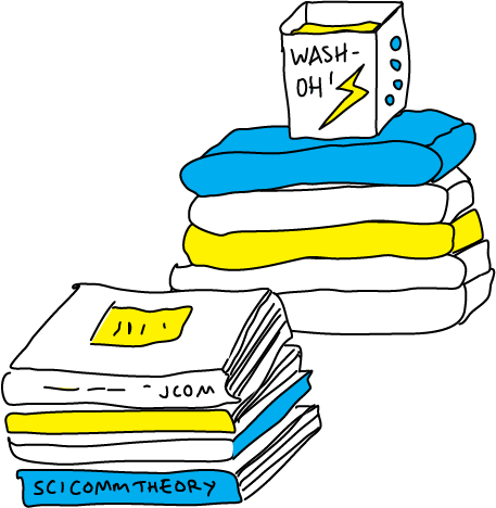 A hand drawn pile of washing and a pile of books